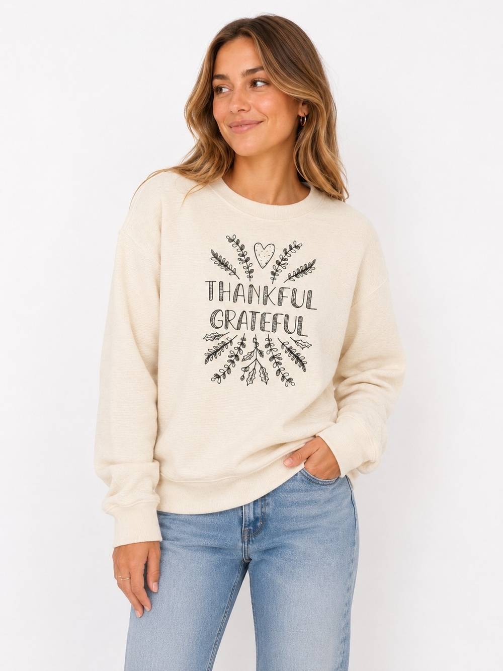 Maurices Cream Ribbed Crewneck Pullover Thanksgiving Relaxed Fit Size Small